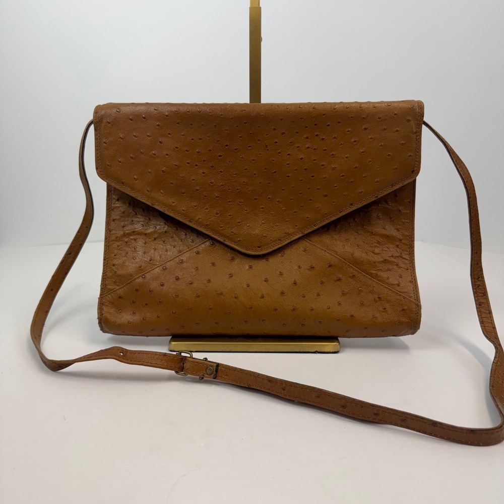 Vintage Filene's Italy Ostrich Embossed Leather Envelope Crossbody Bag Brown